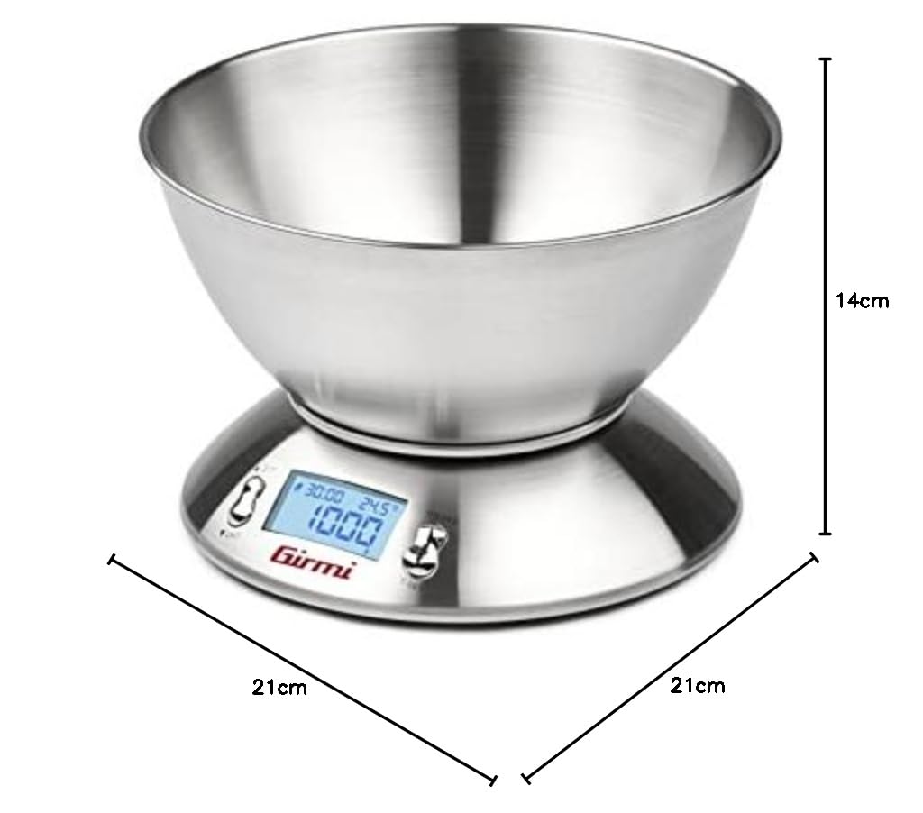 Girmi PS85 Bilancia Elettronica da Cucina,1 g/5 kg, Grande ciotola 2 L, Corpo e Ciotola Inox, Display retroilluminato, Funzione TARA, Timer
