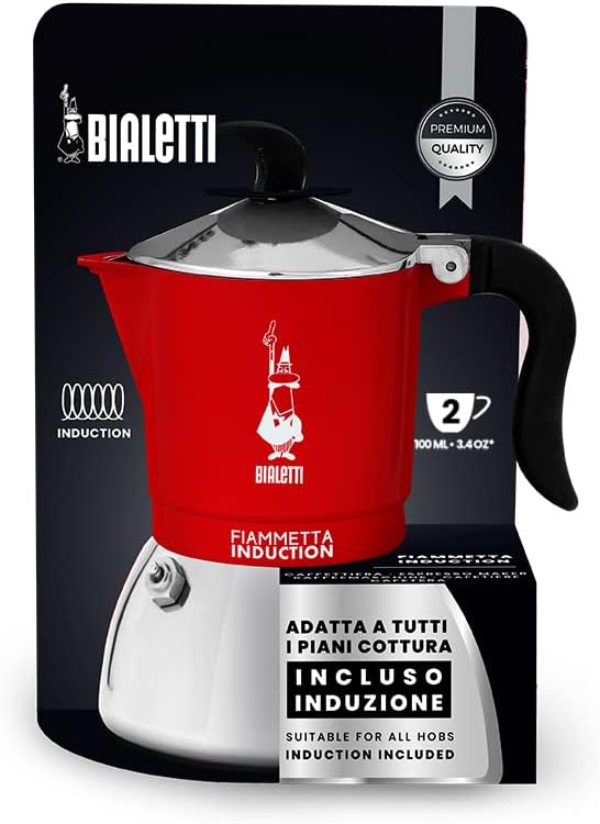 Bialetti Caffettiera Fiammetta Induction, 2 Tazze (100 ml), Adatta a Tutti i Piani Cottura, Design Elegante, Rosso