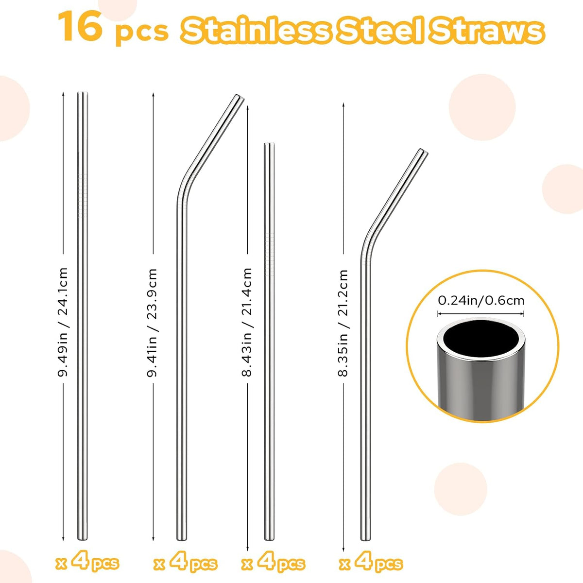 Euqvunn Set of 16 Reusable Straws - 8 Straight and 8 Curves (Long and Short), Stainless Steel Straws with 2 Cleaning Brushes and Bag, Dishwasher Safe