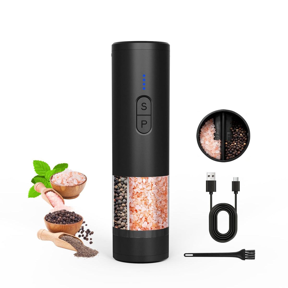 AMOSA Electric Salt and Pepper Mill Set, Battery Display, Rechargeable Base