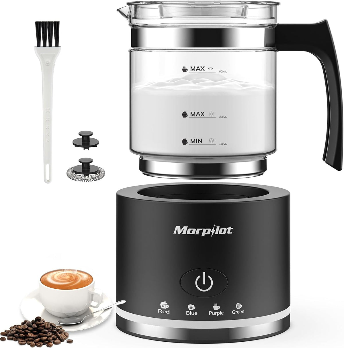 Morpilot Montalatte Elettrico, Milk Frother in Vetro, 4 in 1 Funzione, Bello da Vedere, Capacità 250ml per Schiumare o 500 ml per Riscaldare, Design Diviso, Nero