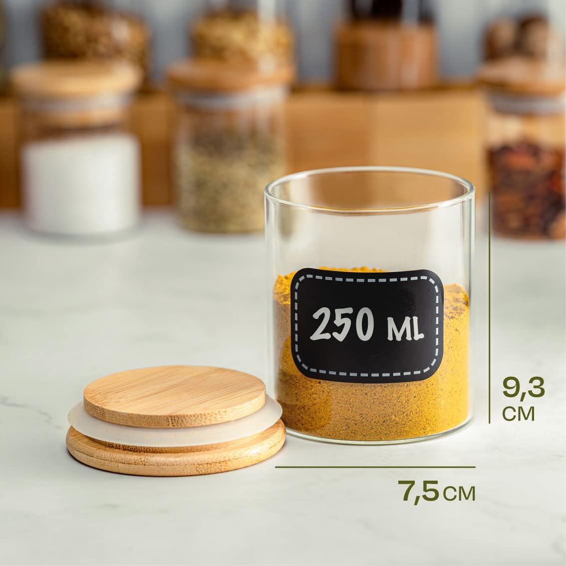 Praknu Glass Spice Jars with Lids Set of 8 x 250 ml – Spice Containers for Kitchen – Airtight – with Labels – Dishwasher Safe – Spices, Herbs and Tea