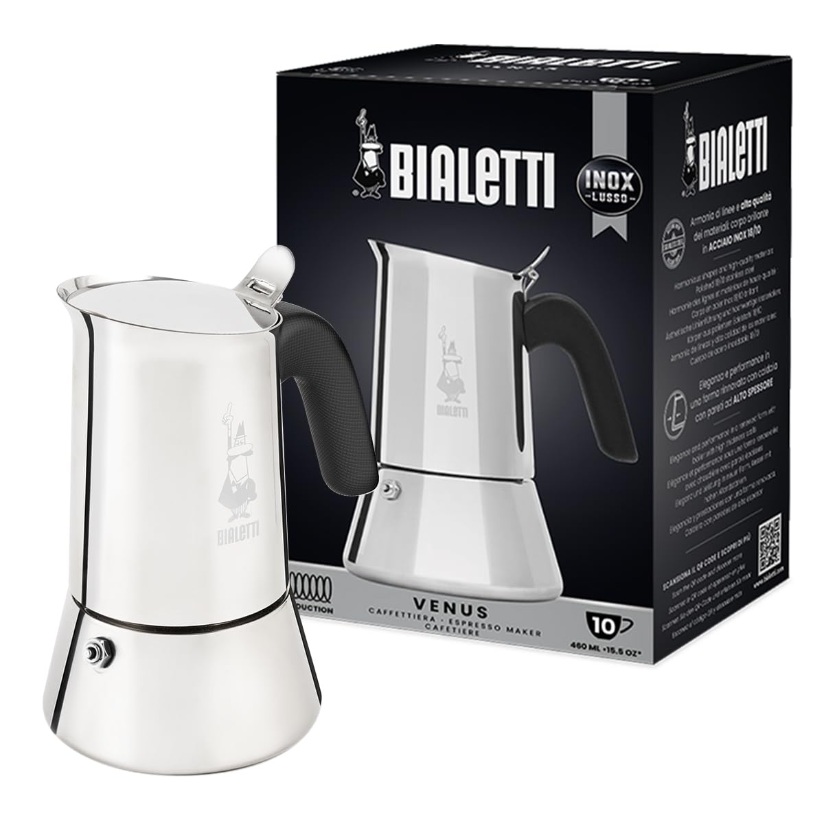 Bialetti Venus - Caffettiera ad induzione, Acciaio inossidabile, Adatta a tutti i tipi di piatti, 4 tazze da caffè (170 ml), Argento