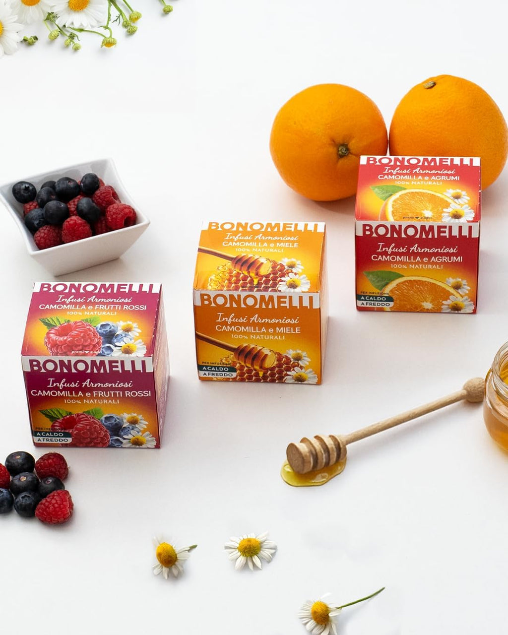Bonomelli - Infusi Armoniosi - Camomilla e Frutti Rossi, Confezione da 12 filtri - Infusione a Caldo e a Freddo, Ingredienti 100% Naturali, Senza Zuccheri e Senza Calorie (24g)