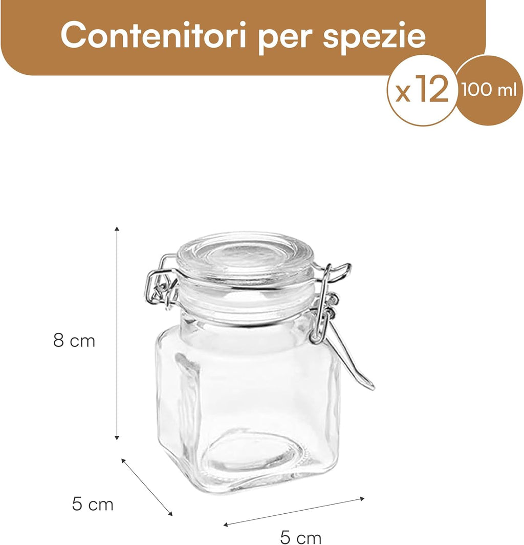 Baroni Home Set of 12 Glass Spice Jars 100 ml, Spice Containers, Blackboard Labels, Marker, Funnel and Brush, Kitchen Organizer, 5 x 5 x 8 cm