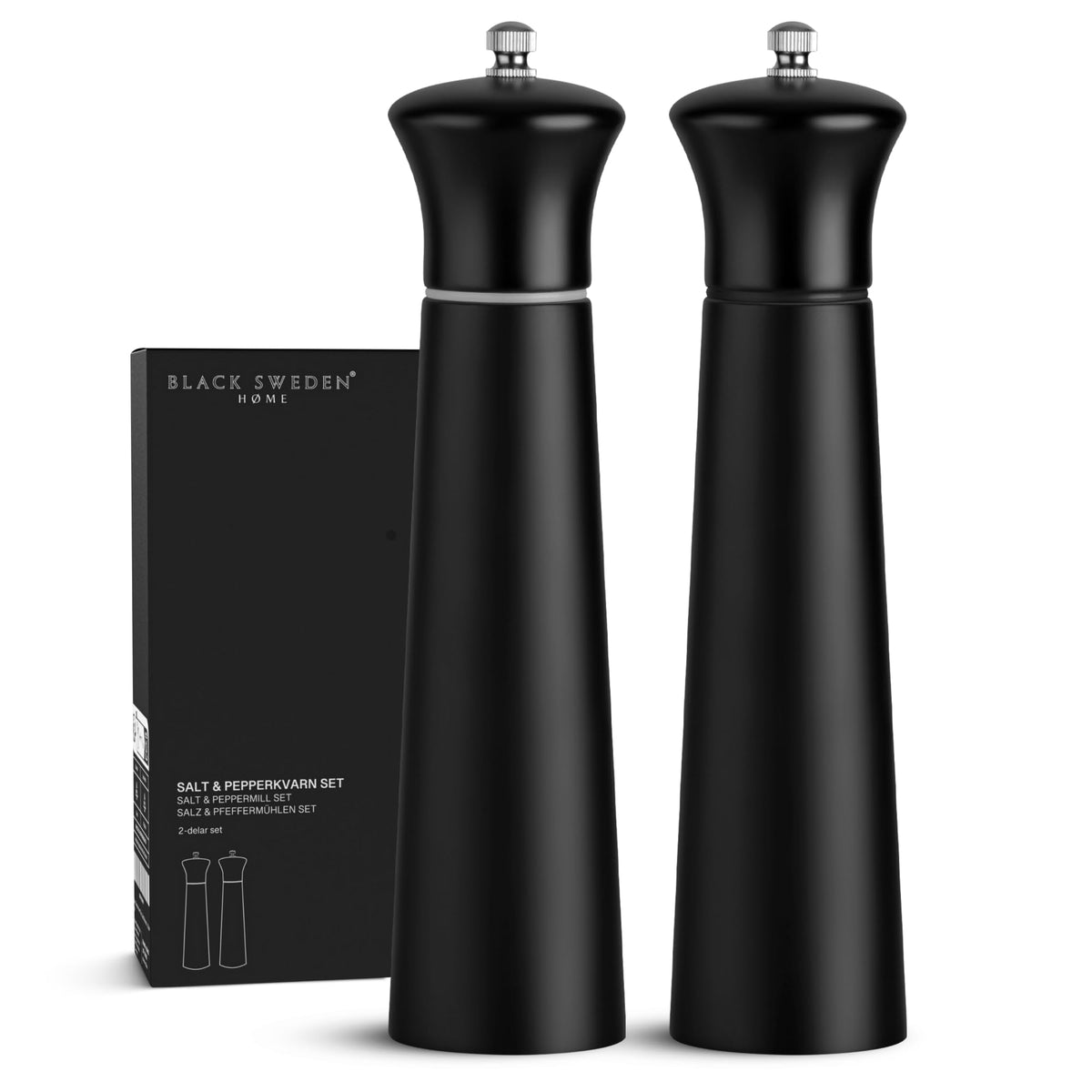 Black Sweden Home Salt and Pepper Mill in Wood - Elegant Salt and Pepper Mill Set - Pepper Mill with Black and White Design - Ceramic Spice Mill - Nordic Style - Perfect for Modern Table