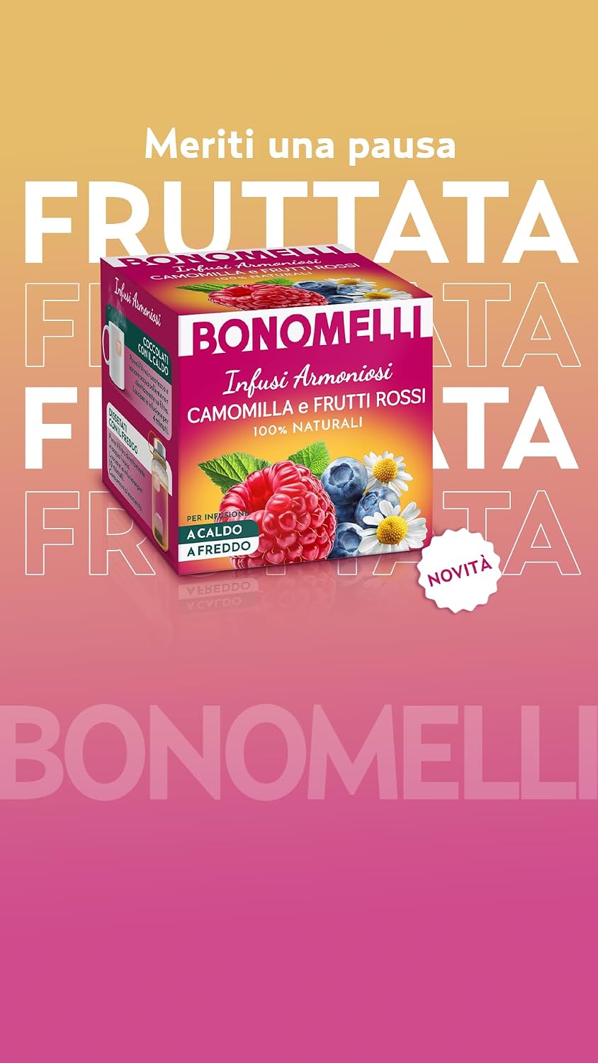 Bonomelli - Infusi Armoniosi - Camomilla e Frutti Rossi, Confezione da 12 filtri - Infusione a Caldo e a Freddo, Ingredienti 100% Naturali, Senza Zuccheri e Senza Calorie (24g)