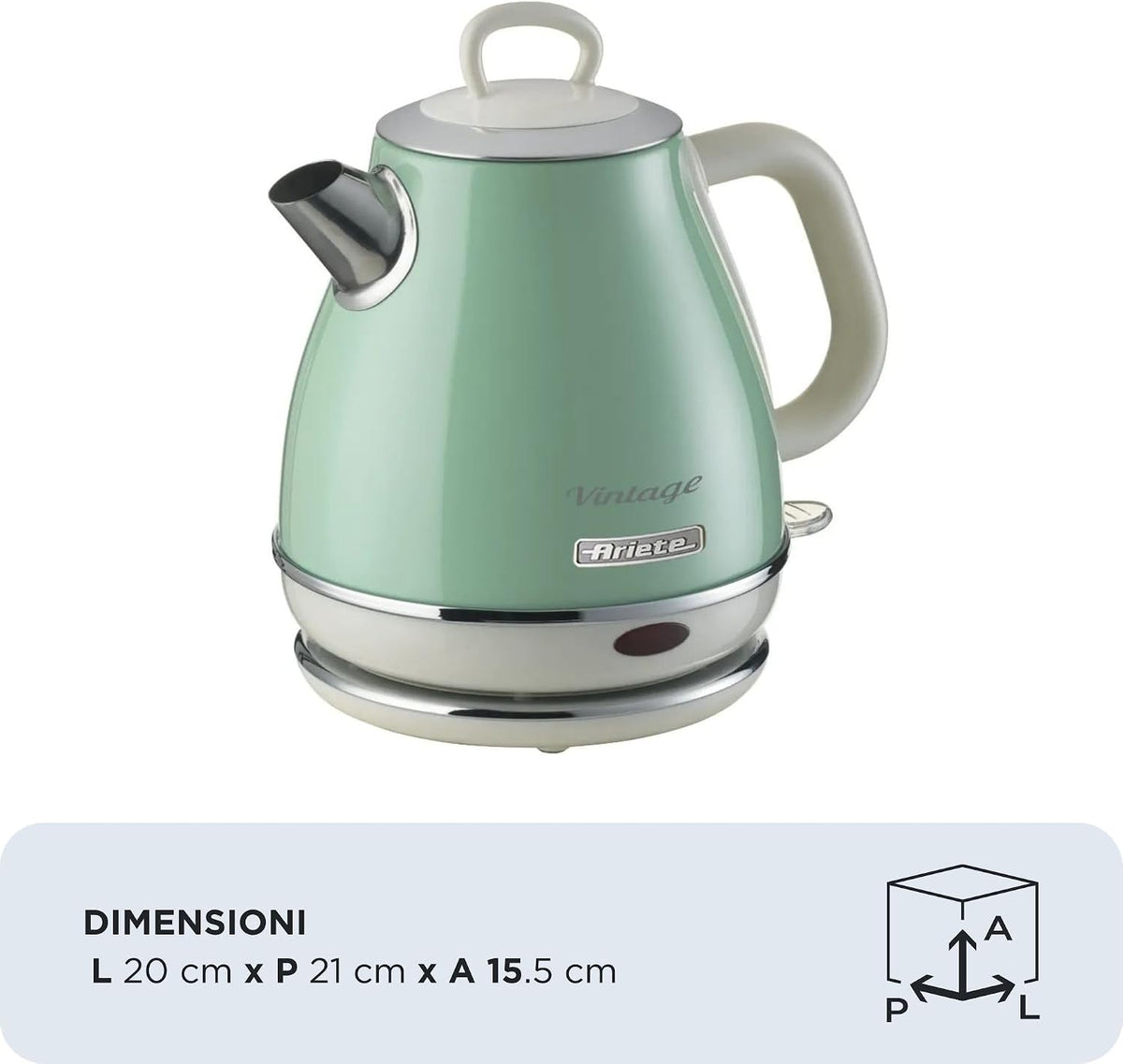 Ariete Vintage 2868 Kettle with Cordless Base 360° Automatic Shut-Off, Capacity 1 L, Stainless Steel, 1600 W, Green