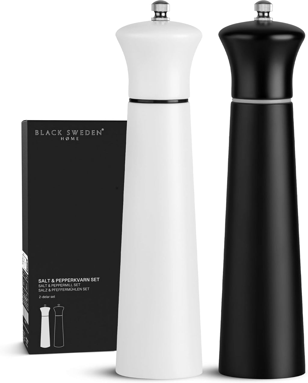 Black Sweden Home Salt and Pepper Mill in Wood - Elegant Salt and Pepper Mill Set - Pepper Mill with Black and White Design - Ceramic Spice Mill - Nordic Style - Perfect for Modern Table