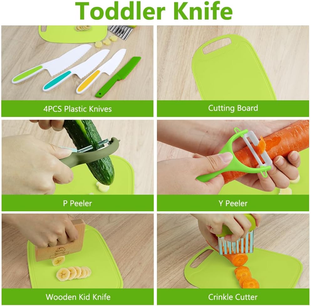 HOTUT 9 Piece Children's Kitchen Knives Set, 4 Pieces Fruit Knife for Children and Wooden Knife, Chopping Board and 2 Pieces Peeler, Potato Knives for Cutting Fruit or Vegetable