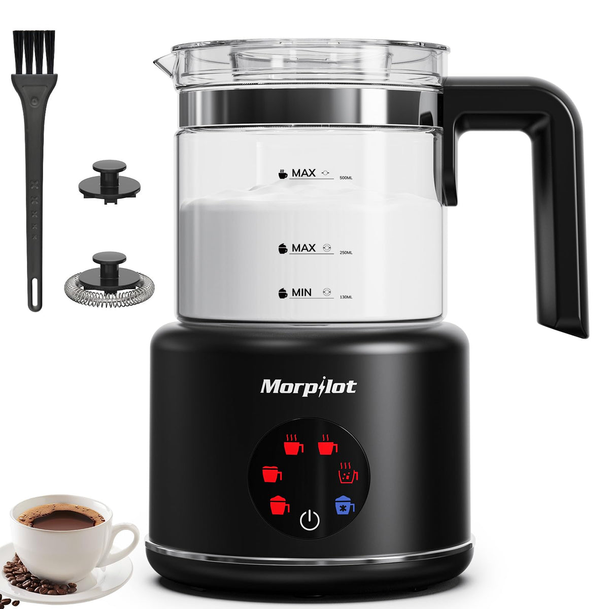 Morpilot Montalatte Elettrico, Milk Frother in Vetro, 4 in 1 Funzione, Bello da Vedere, Capacità 250ml per Schiumare o 500 ml per Riscaldare, Design Diviso, Nero