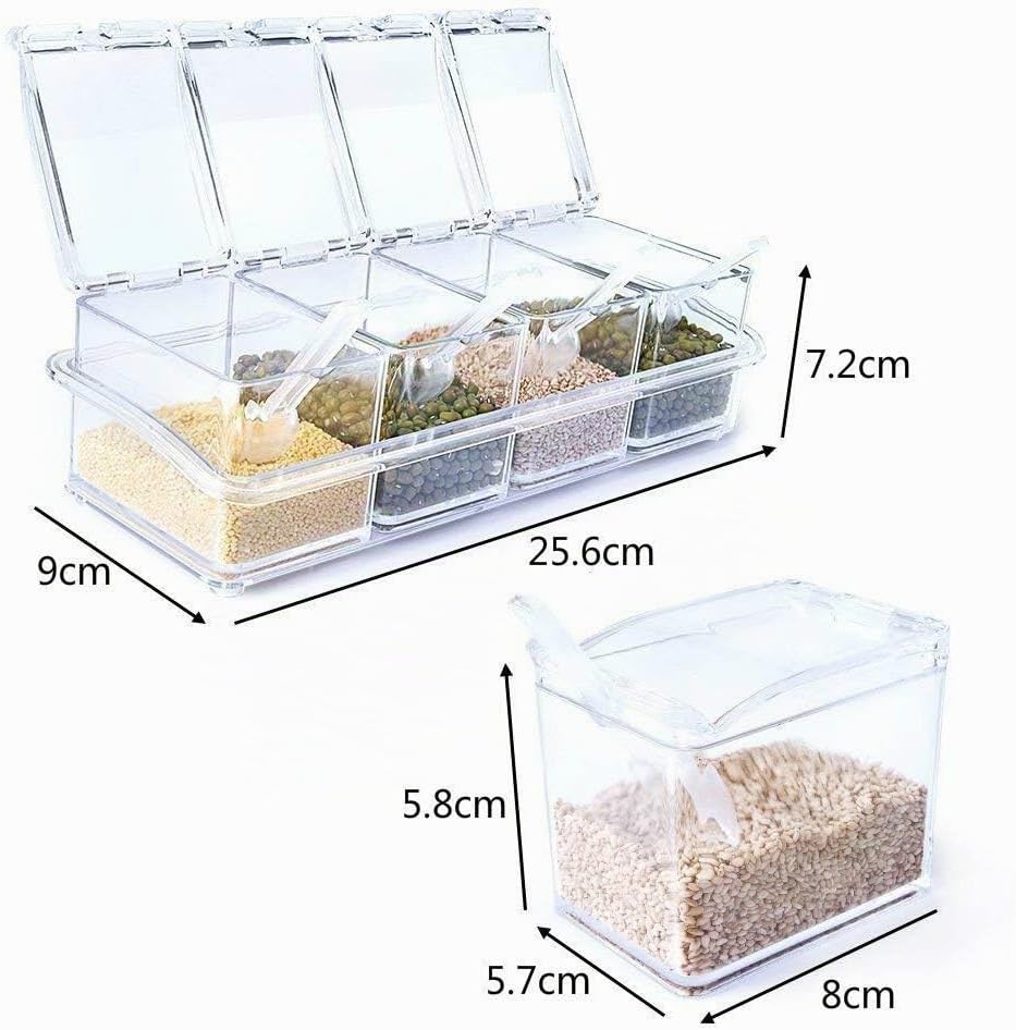 YIQI Clear Condiment Rack Spice Pots - 4 Piece Acrylic Condiment Box - Condiment Container Jars - Ampoule with Cover and Spoon