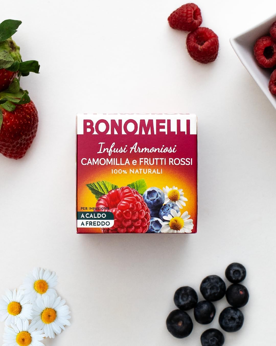 Bonomelli - Infusi Armoniosi - Camomilla e Frutti Rossi, Confezione da 12 filtri - Infusione a Caldo e a Freddo, Ingredienti 100% Naturali, Senza Zuccheri e Senza Calorie (24g)