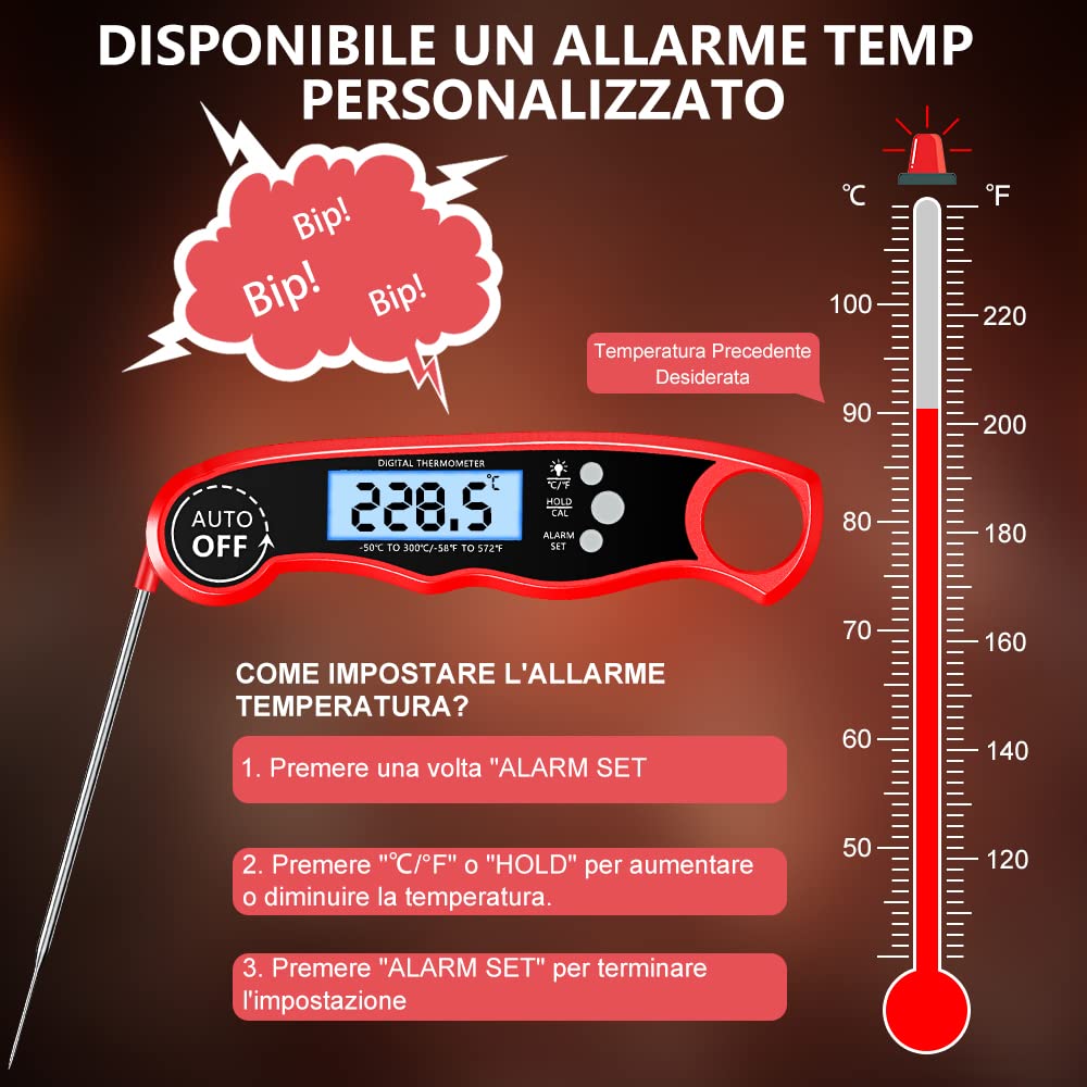CIRYCASE Termometro Cucina, Termometro Barbecue a Lettura Rapida & Precisa con Sonda Addizionale a Filo da 102cm, Display LCD con Controluce Termometro Forno con Magnete per Forno, BBQ, Carne, ecc