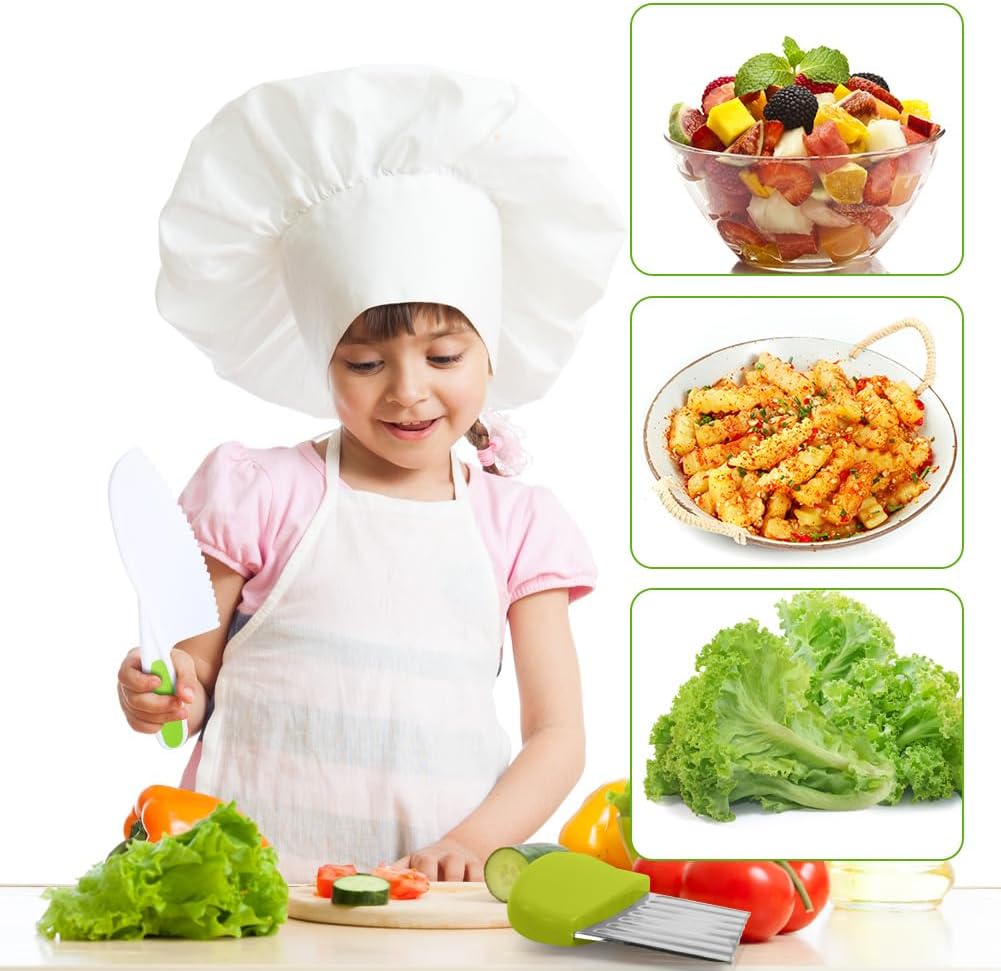 HOTUT 9 Piece Children's Kitchen Knives Set, 4 Pieces Fruit Knife for Children and Wooden Knife, Chopping Board and 2 Pieces Peeler, Potato Knives for Cutting Fruit or Vegetable