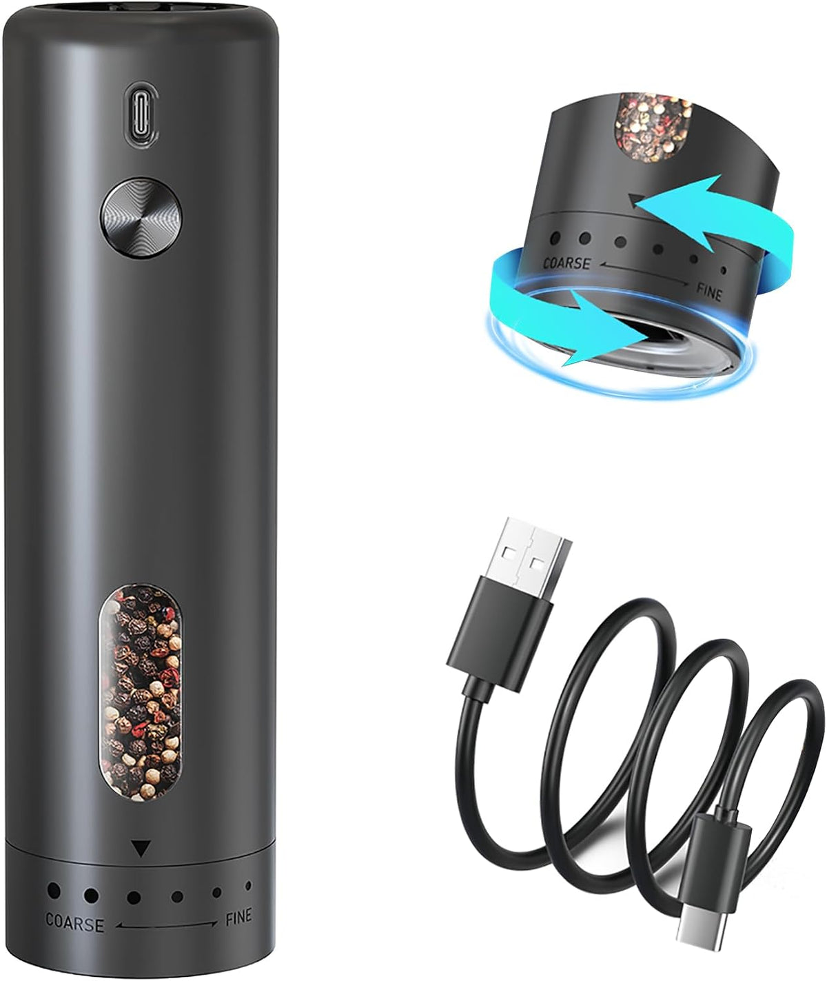 Electric Pepper and Salt Grinder 110ml USB Rechargeable Salt Pepper Mill Spice Grinder with 5 Levels of External Gear Adjustment with Viewing Window