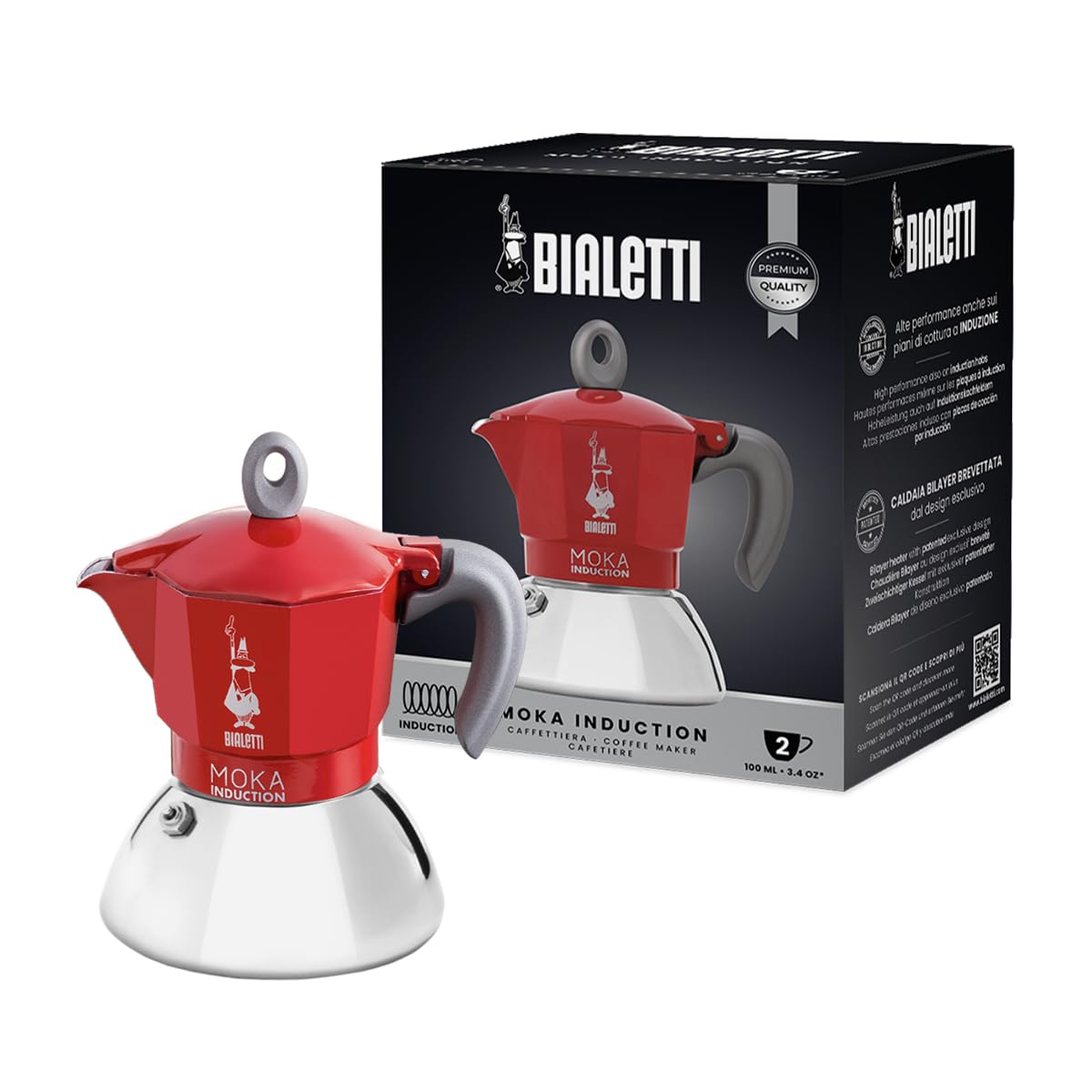 Bialetti Caffettiera Moka Induction, 2 Tazze (100 ml), Adatta a Tutti i piani cottura, Design Elegante, Nero