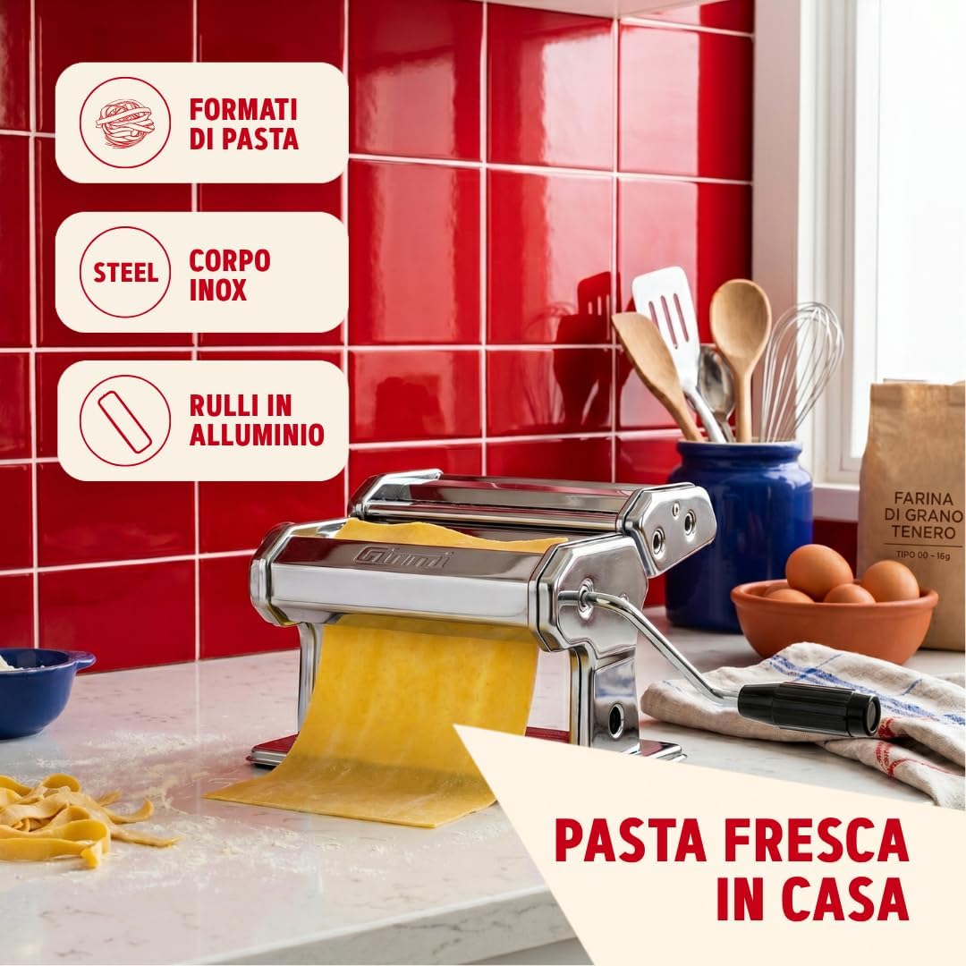 Girmi IM90 Pasta Maker, Stainless Steel, 9 Adjustments, Aluminium Rollers 15 cm, 3 Pasta Formats, Stainless Steel