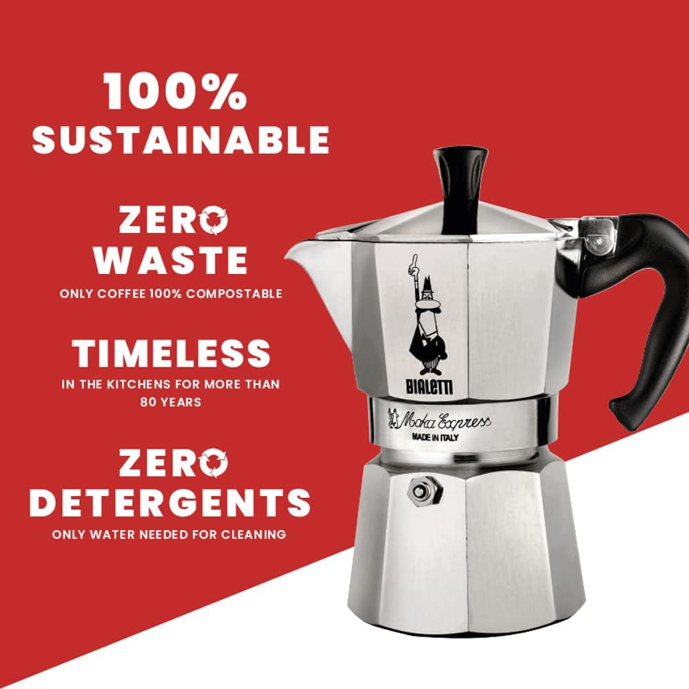 Bialetti Moka Express Caffettiera, Manico Anti Scottatura, Non Adatta A Induzione, Alluminio, Argento, 3 Tazze (130 ml)