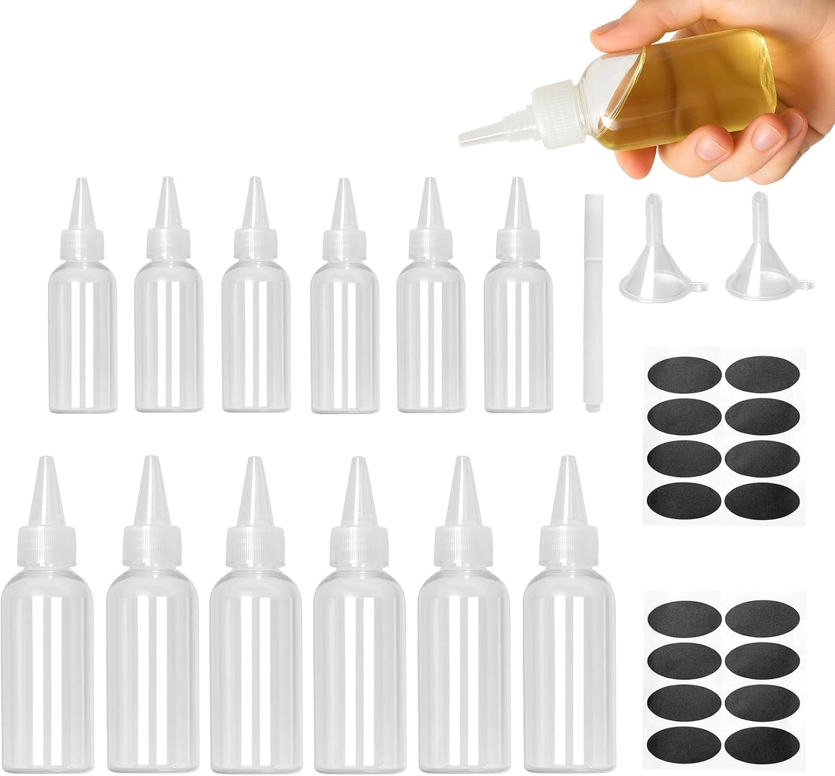 12 pcs Squeeze Bottles 60/100ml with 2 Funnels, 2 Sticker, 1 Pen
