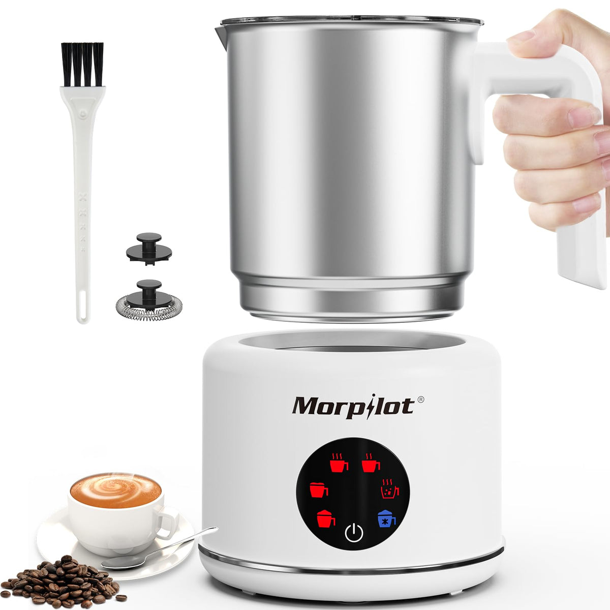 Morpilot Montalatte Elettrico, Milk Frother in Vetro, 4 in 1 Funzione, Bello da Vedere, Capacità 250ml per Schiumare o 500 ml per Riscaldare, Design Diviso, Nero
