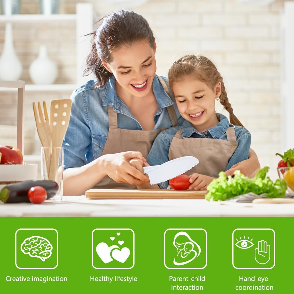 HOTUT 9 Piece Children's Kitchen Knives Set, 4 Pieces Fruit Knife for Children and Wooden Knife, Chopping Board and 2 Pieces Peeler, Potato Knives for Cutting Fruit or Vegetable