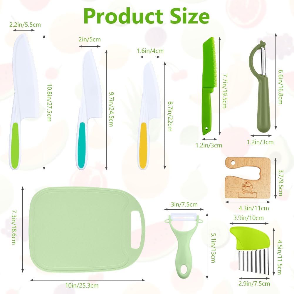 HOTUT 9 Piece Children's Kitchen Knives Set, 4 Pieces Fruit Knife for Children and Wooden Knife, Chopping Board and 2 Pieces Peeler, Potato Knives for Cutting Fruit or Vegetable