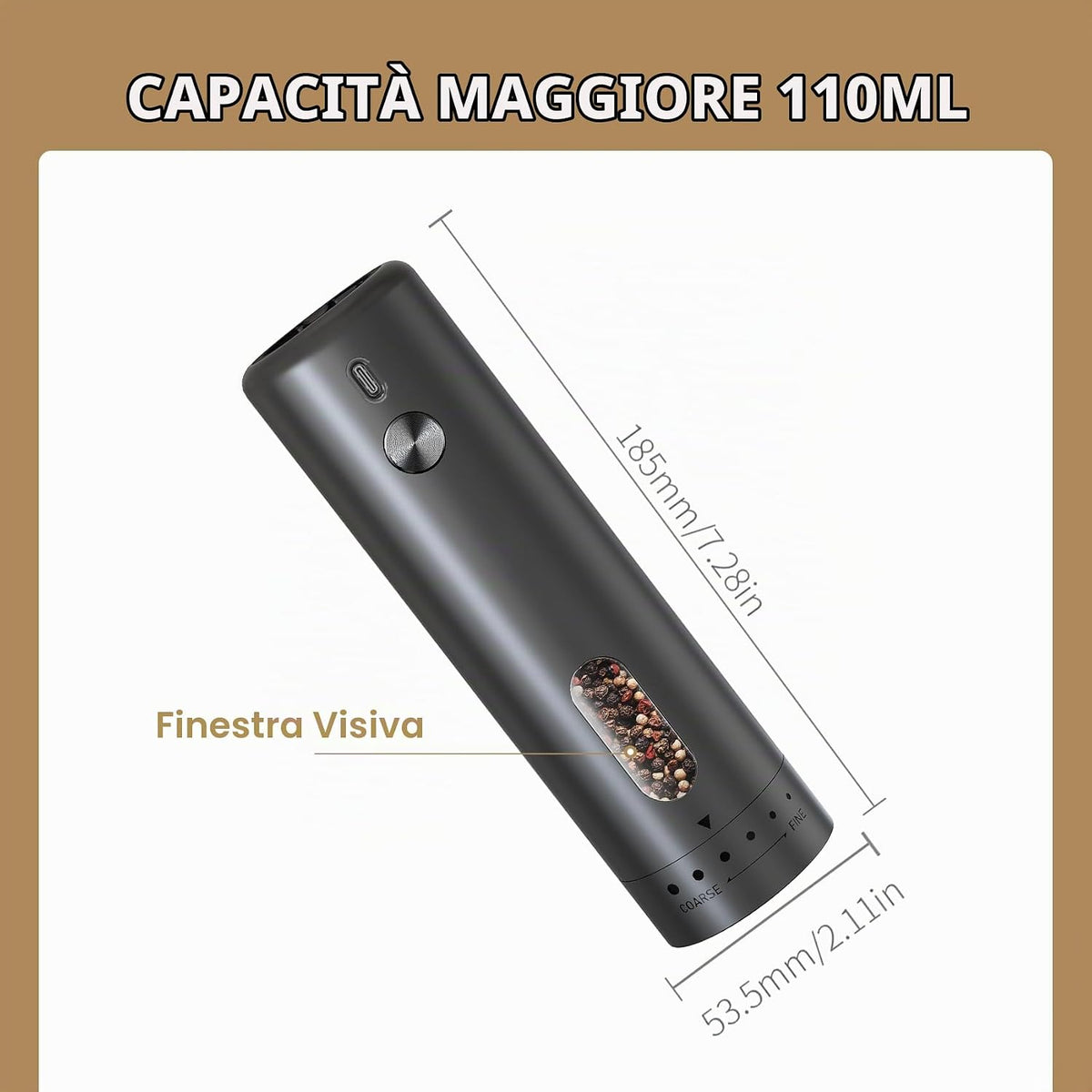 Electric Pepper and Salt Grinder 110ml USB Rechargeable Salt Pepper Mill Spice Grinder with 5 Levels of External Gear Adjustment with Viewing Window