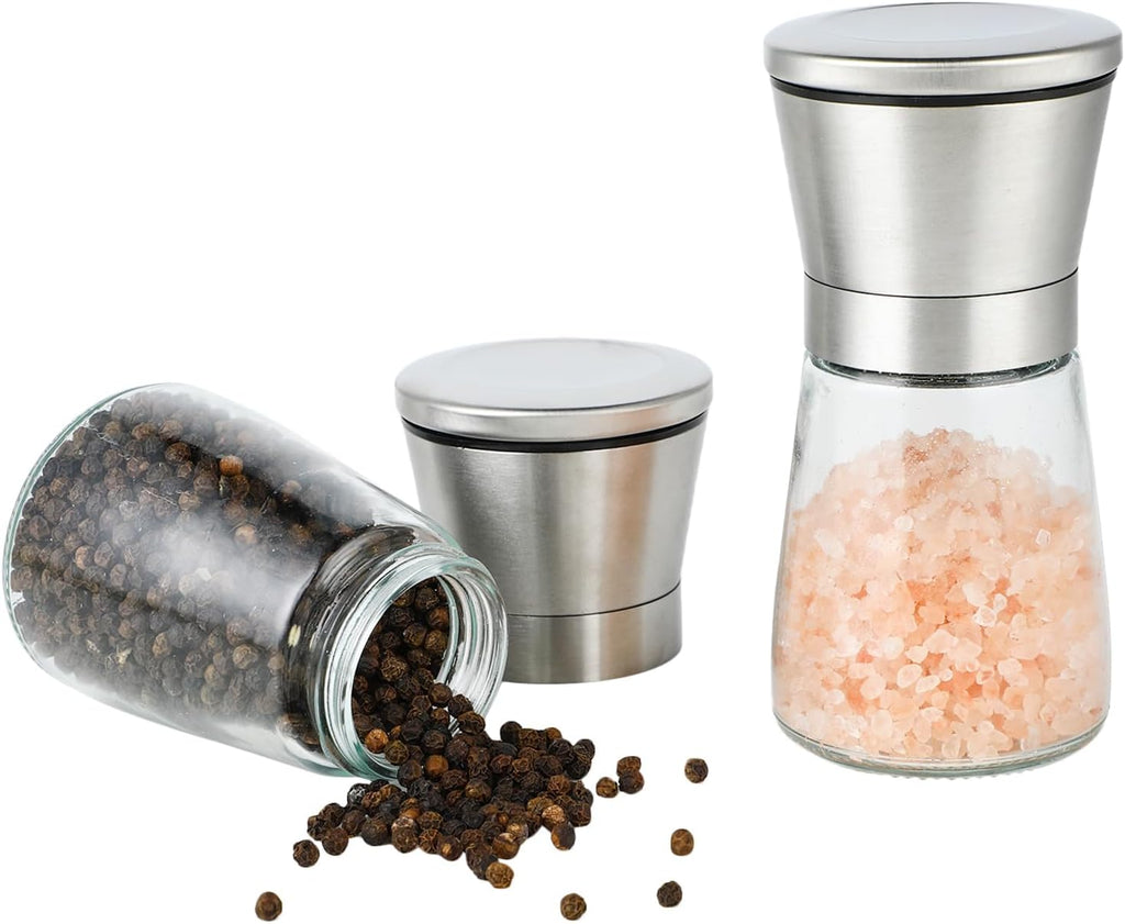 Wenrescry Set of 2 Stainless Steel Pepper and Salt Mill with Adjustable Ceramic Grinder for Fine or Coarse Grain, Clear Glass, Ideal for Spices, 180 ml