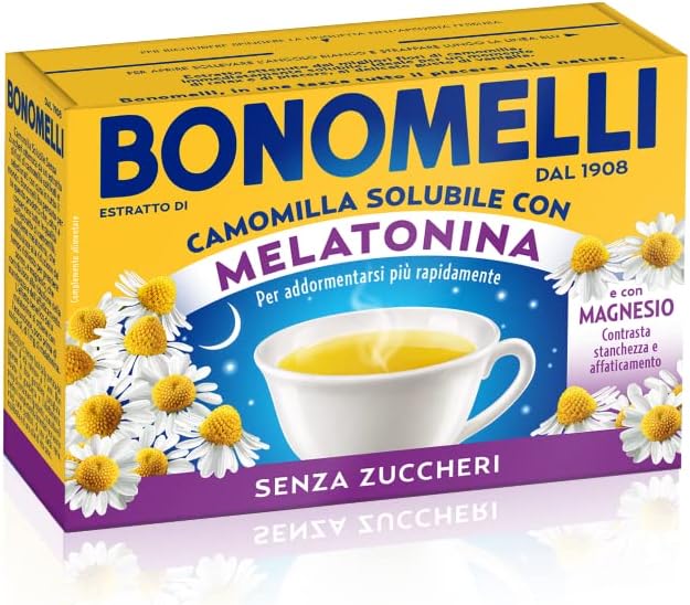 Bonomelli Camomilla Solubile con Melatonina e Magnesio 16 Bustine, Contro Stanchezza e Affaticamento, Infuso Rilassante, Senza Zucchero (72g)