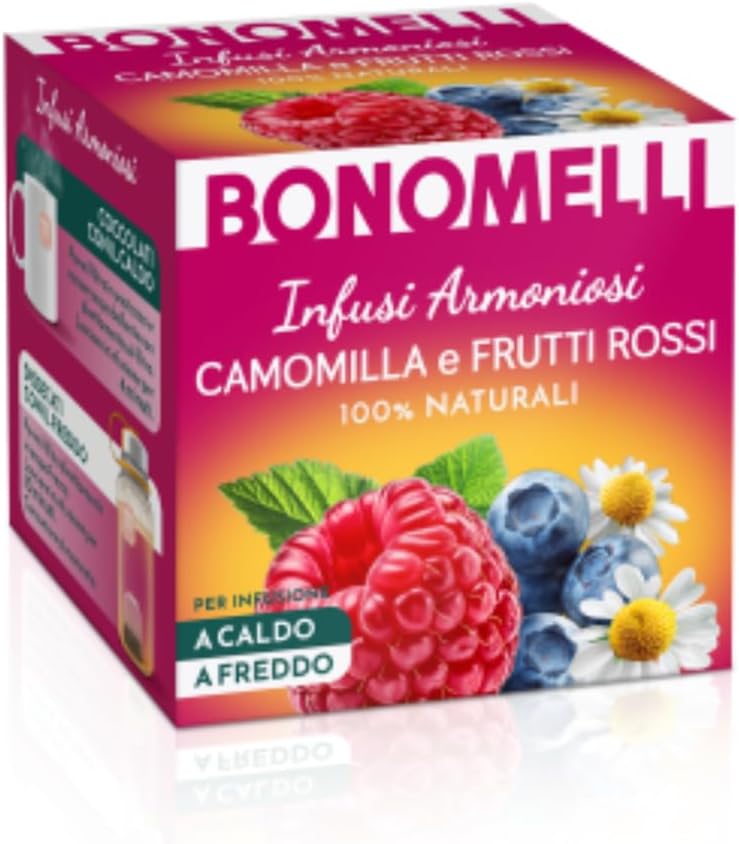 Bonomelli - Infusi Armoniosi - Camomilla e Frutti Rossi, Confezione da 12 filtri - Infusione a Caldo e a Freddo, Ingredienti 100% Naturali, Senza Zuccheri e Senza Calorie (24g)