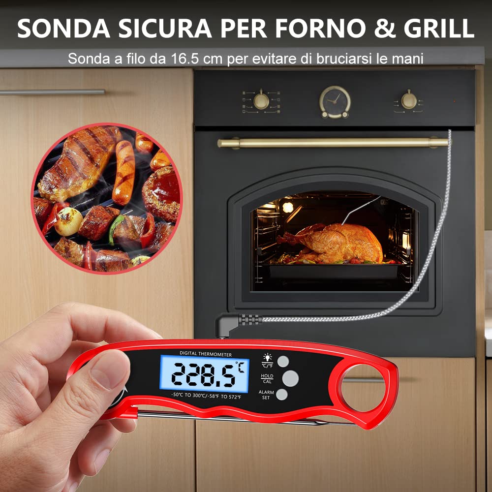 CIRYCASE Termometro Cucina, Termometro Barbecue a Lettura Rapida & Precisa con Sonda Addizionale a Filo da 102cm, Display LCD con Controluce Termometro Forno con Magnete per Forno, BBQ, Carne, ecc