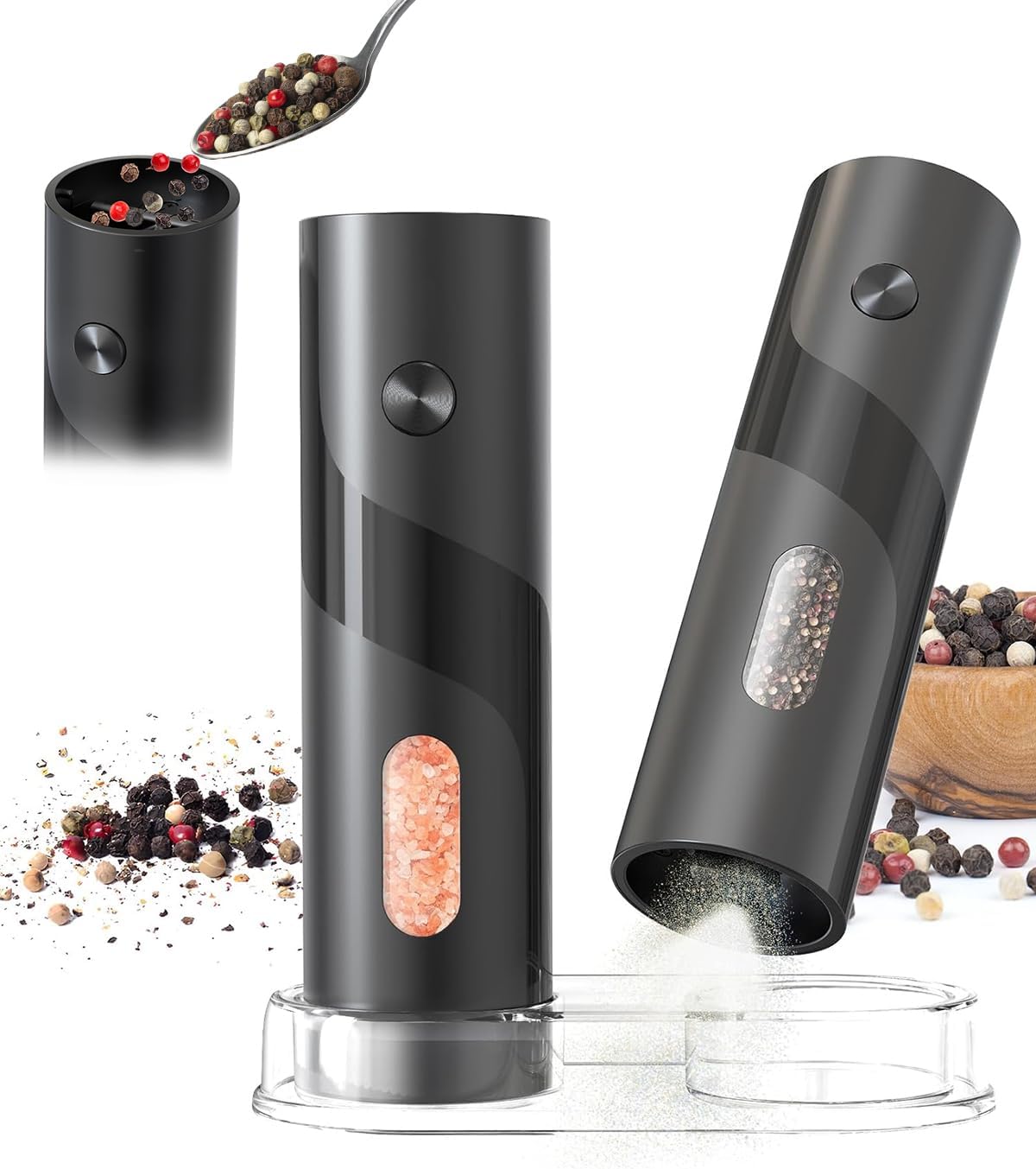 Electric Salt and Pepper Grinder - Top Filling, 5 Levels - Large Capacity 120ml - Set of 2 Battery Operated Pepper Mills - Complete with Base and White LED Light