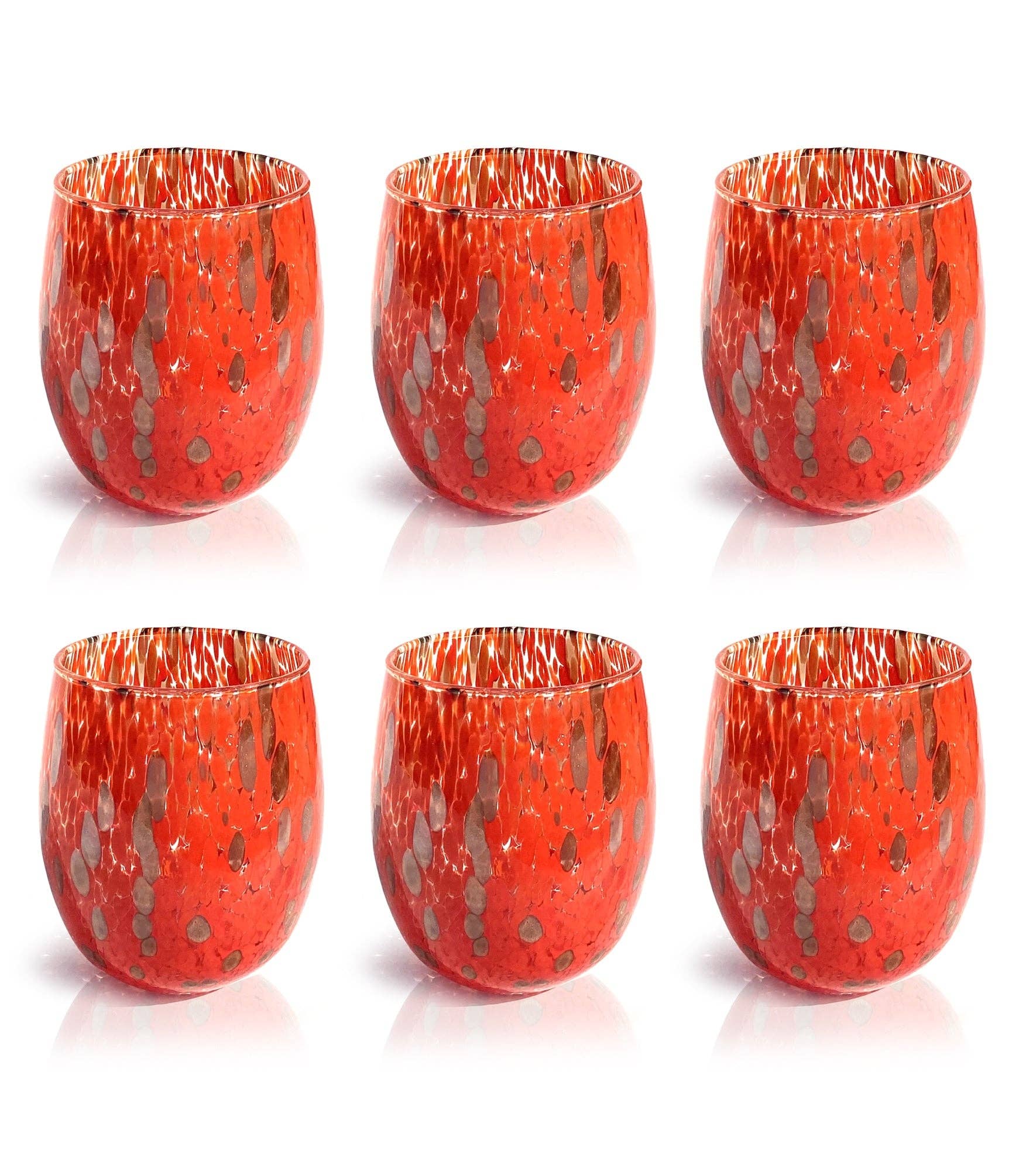 Set di 6 calici da vino rossi in vetro di Murano con avventurina, lavorati a mano, brand Mazzega Art & Design.