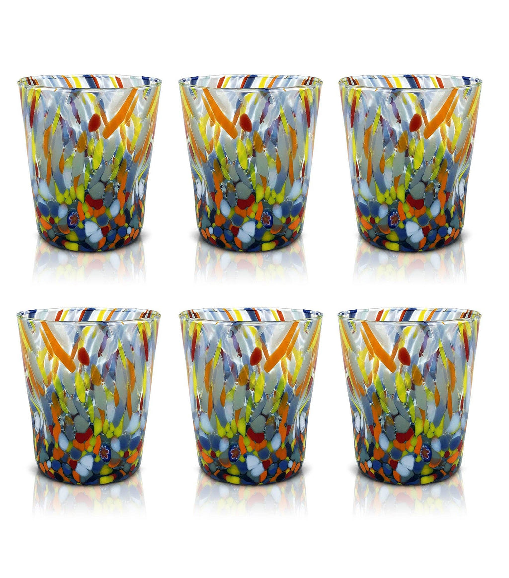 Bicchieri Tumbler Classic in Vetro Soffiati e Lavorati a Mano con Murrine di Murano, linea “I Colori di Murano” 350 ml. Made in Italy: MIX / 6