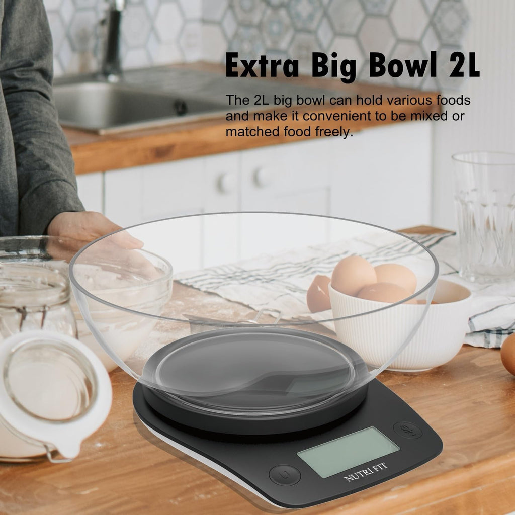 NUTRI FIT Bilancia Digitale Alimenti con Ciotola 2L, 5KG/11lb, Nero