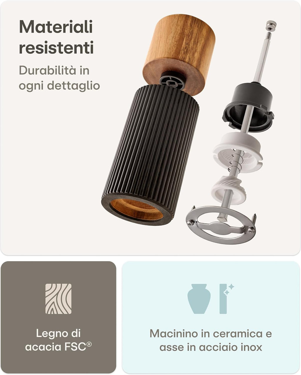 Praknu Manual Pepper and Salt Grinder - FSC® Acacia Wood - Elegant Design with Ceramic Grinder - Adjustable and Durable - Black - Small