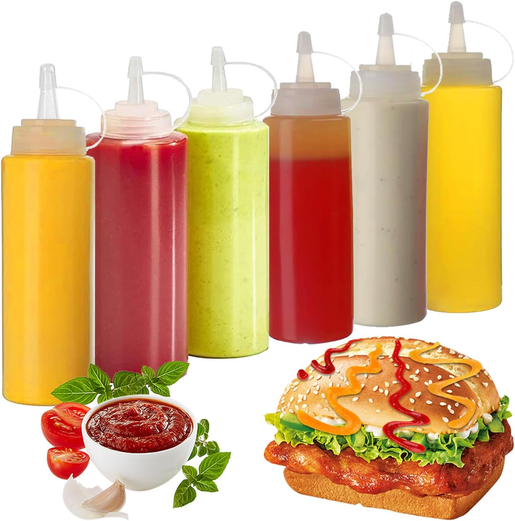 Plastic Squeeze Bottle, 6pcs 8oz Squeeze Bottle with Caps, Transparent Seasoning Dispenser - Leak Proof and BPA Free, for Ketchup, Mustard, Mayo, Hot Sauces, Olive Oil