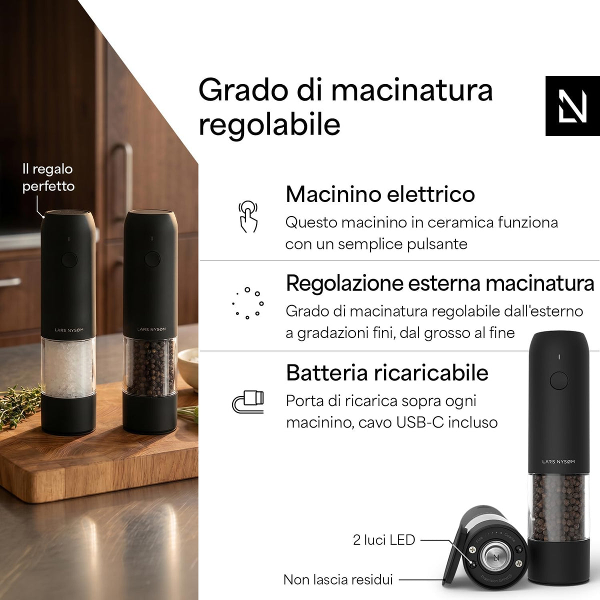 LARS NYSØM Electric Salt and Pepper Mill Set – Automatic USB Rechargeable