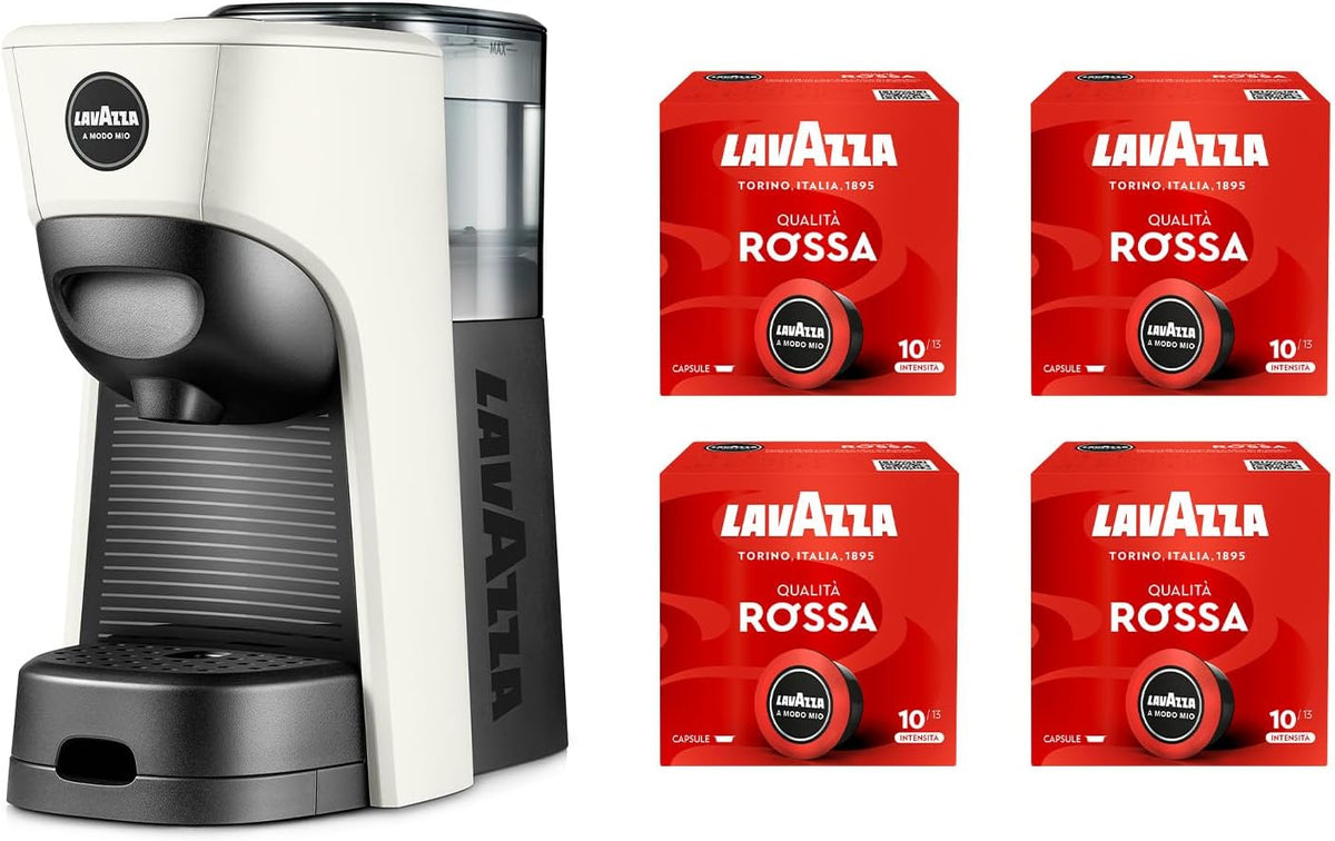 Lavazza, A Modo Mio Macchina per Caffè Tiny Bianca con 64 Capsule Qualità Rossa Incluse, Macchina per Espresso in Plastica Riciclata, 1450 W, 220-240 V, 50/60 Hz, 0.6 Litri