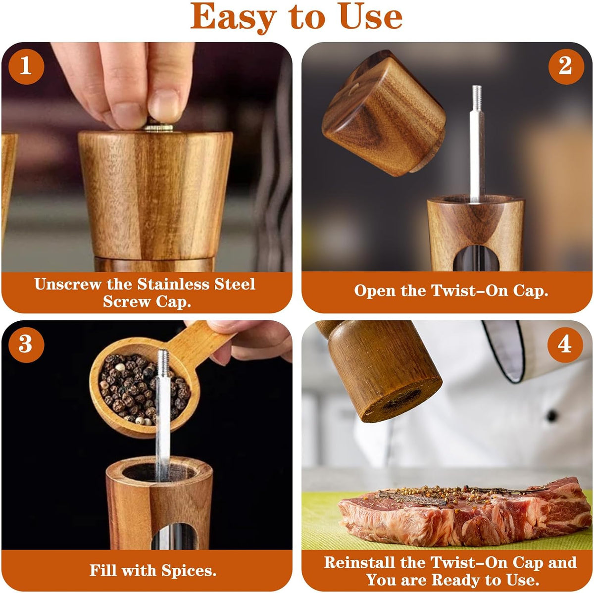 2 Pieces Pepper Mill, Salt and Pepper Mill, Manual Wooden Pepper