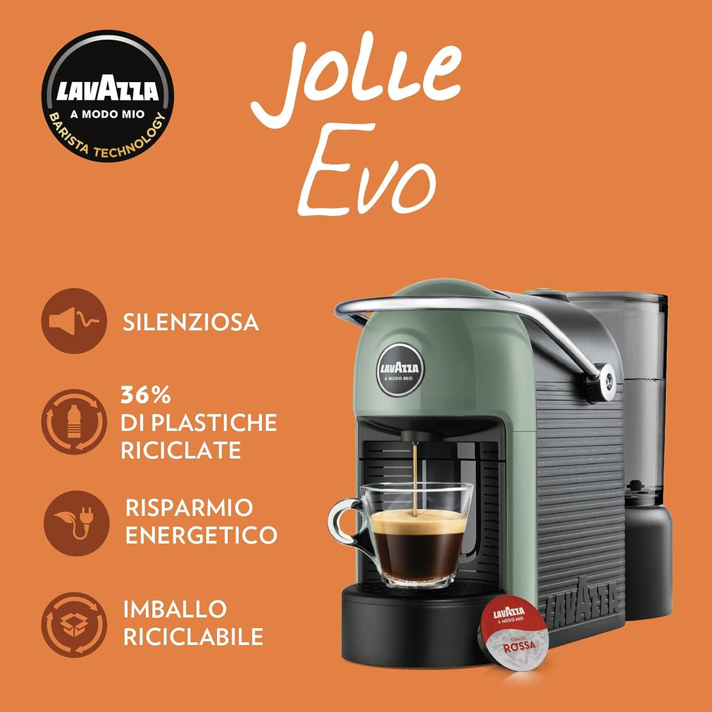 Lavazza A Modo Mio Jolie Evo, Macchina per Caffè Realizzata con 36% di Plastica Riciclata, Macchina Espresso con 64 Capsule Lavazza A Modo Mio Crema e Gusto Classico Incluse, Nera
