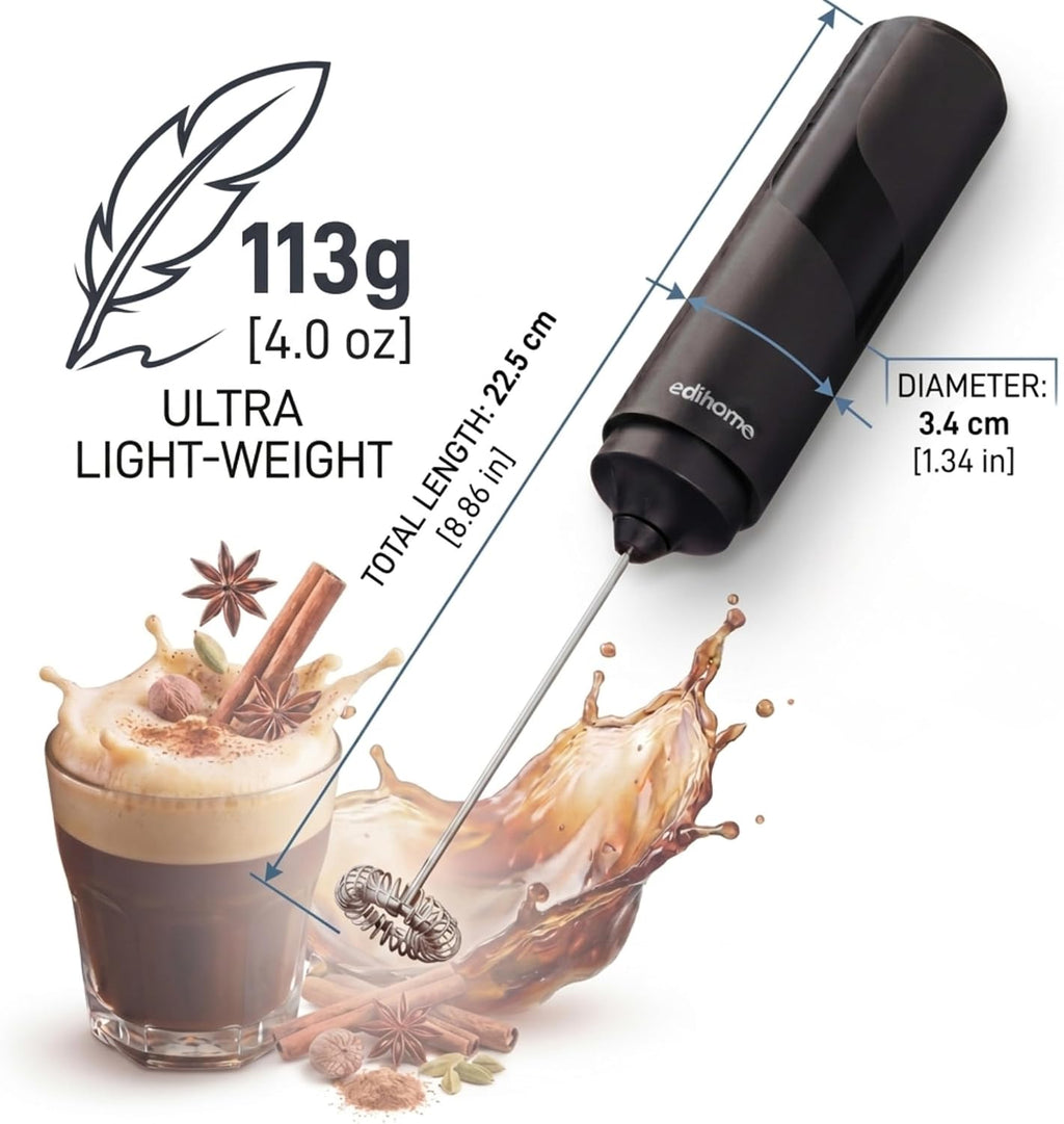edihome, Montalatte Elettrico per Cappuccino, Frullino Montalatte Portatile, Schiuma Latte Elettrico per Latte e Caffè, Milk Frother Ricaricabile o a Batterie, Veloce e Silenzioso (Batterie, Nero)