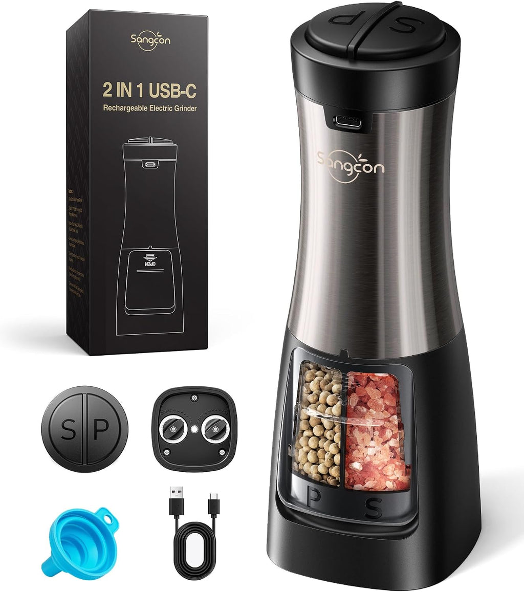Sangcon USB Rechargeable 2 in 1 Electric Salt and Pepper Grinder, Automatic One-Hand Operation, LED Light, Adjustable Ceramic Grinders (Metal Metallic)