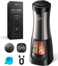 Sangcon USB Rechargeable 2 in 1 Electric Salt and Pepper Grinder, Automatic One-Hand Operation, LED Light, Adjustable Ceramic Grinders (Metal Metallic)