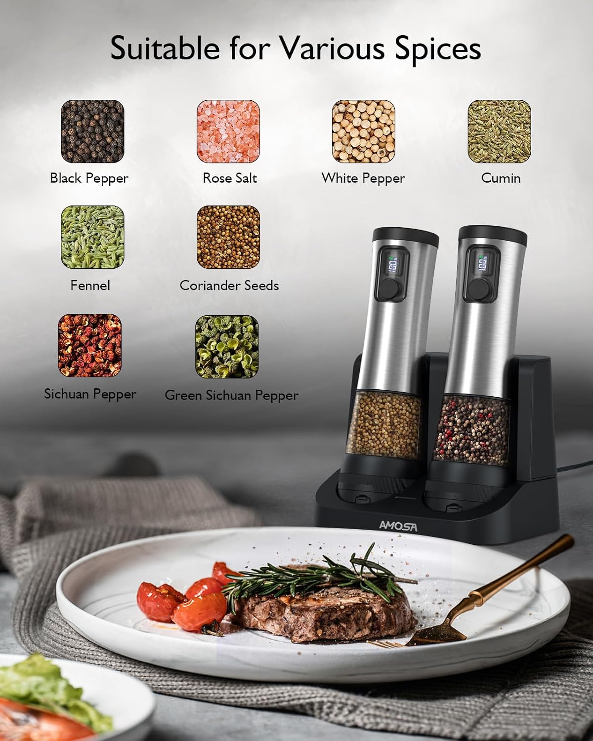 AMOSA Electric Salt and Pepper Mill Set, Battery Display, Rechargeable Base