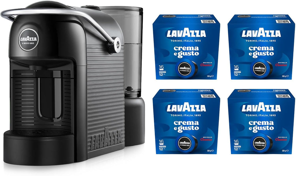 Lavazza A Modo Mio Jolie Evo, Macchina per Caffè Realizzata con 36% di Plastica Riciclata, Macchina Espresso con 64 Capsule Lavazza A Modo Mio Crema e Gusto Classico Incluse, Nera