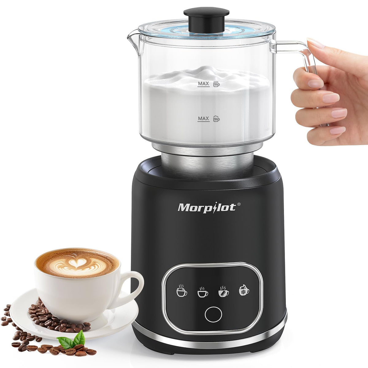 Morpilot Montalatte Elettrico, Milk Frother in Vetro, 4 in 1 Funzione, Bello da Vedere, Capacità 250ml per Schiumare o 500 ml per Riscaldare, Design Diviso, Nero