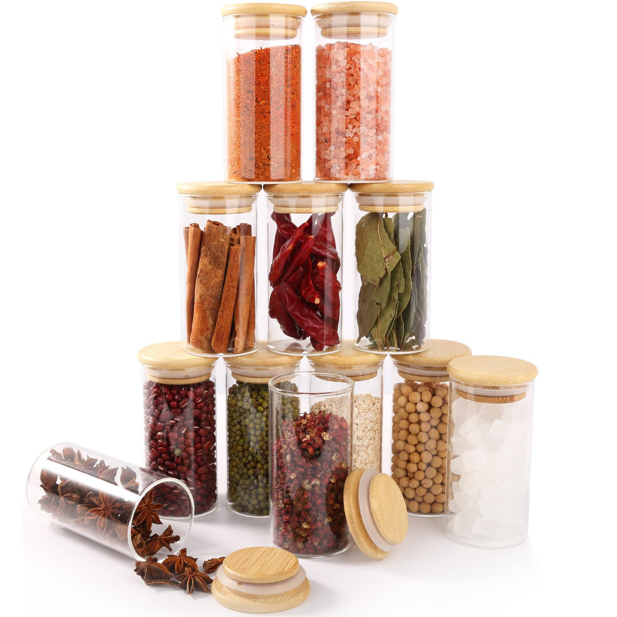 FoiiLiio Set of 12 Spice Jars – 250 ml Spice Jars with Bamboo Lid, Spice Containers for Kitchen, Transparent Spice Jars with Labels – Dishwasher Safe