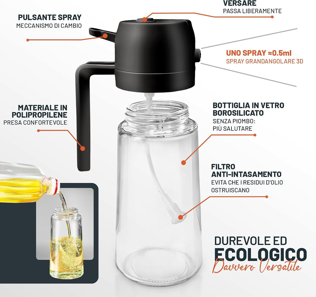 PORTENTUM Spruzzino Olio per Friggitrice Aria 500ml 2 in 1, Dosatore Bottiglia e Oliera Spruzzino olio, Accessori friggitrice ad aria nebulizzatore per Alimenti e Spruzzatore (Nero)